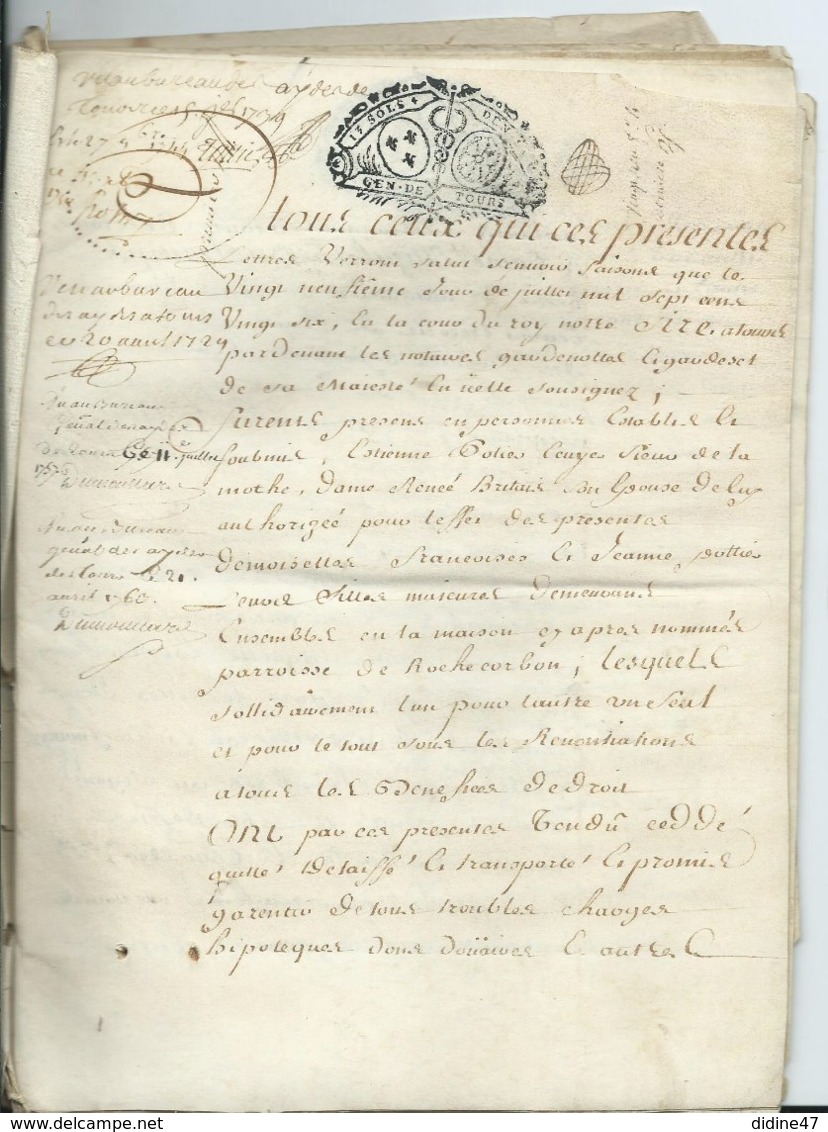 CACHET DE GENERALITE DE TOURS Sur PARCHEMIN DE 20 PAGES - 1726 - Cachets Généralité