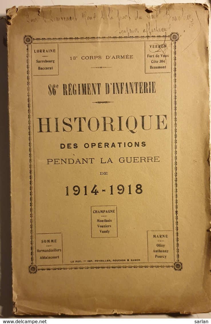 Historique Des Opérations Du 86° Regiment D'infanterie - Frankreich