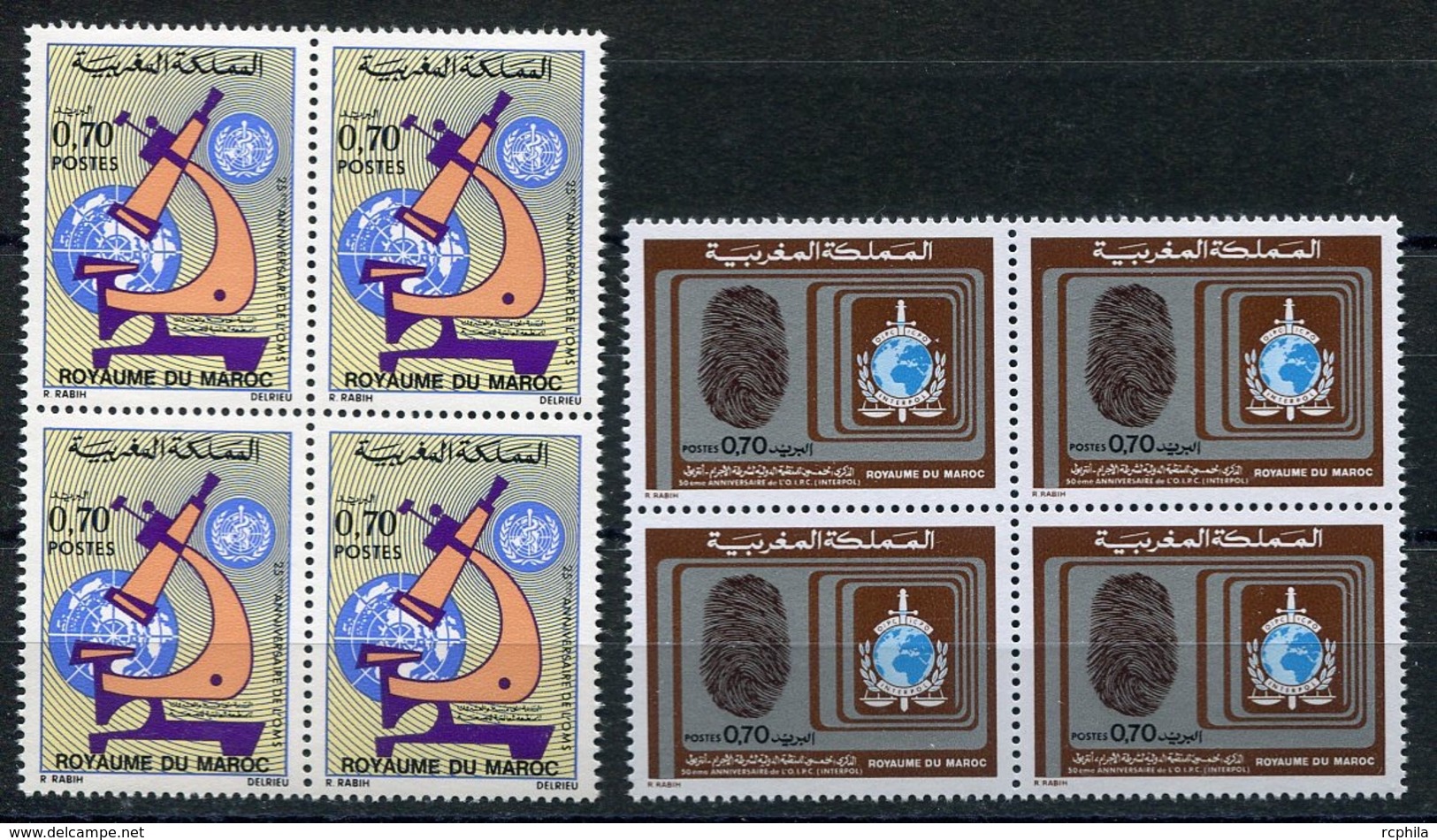 RC 14364 MAROC N° 685 / 686  O.M.S. MICROSCOPE + INTERPOL BLOC DE 4 NEUF ** - Morocco (1956-...)