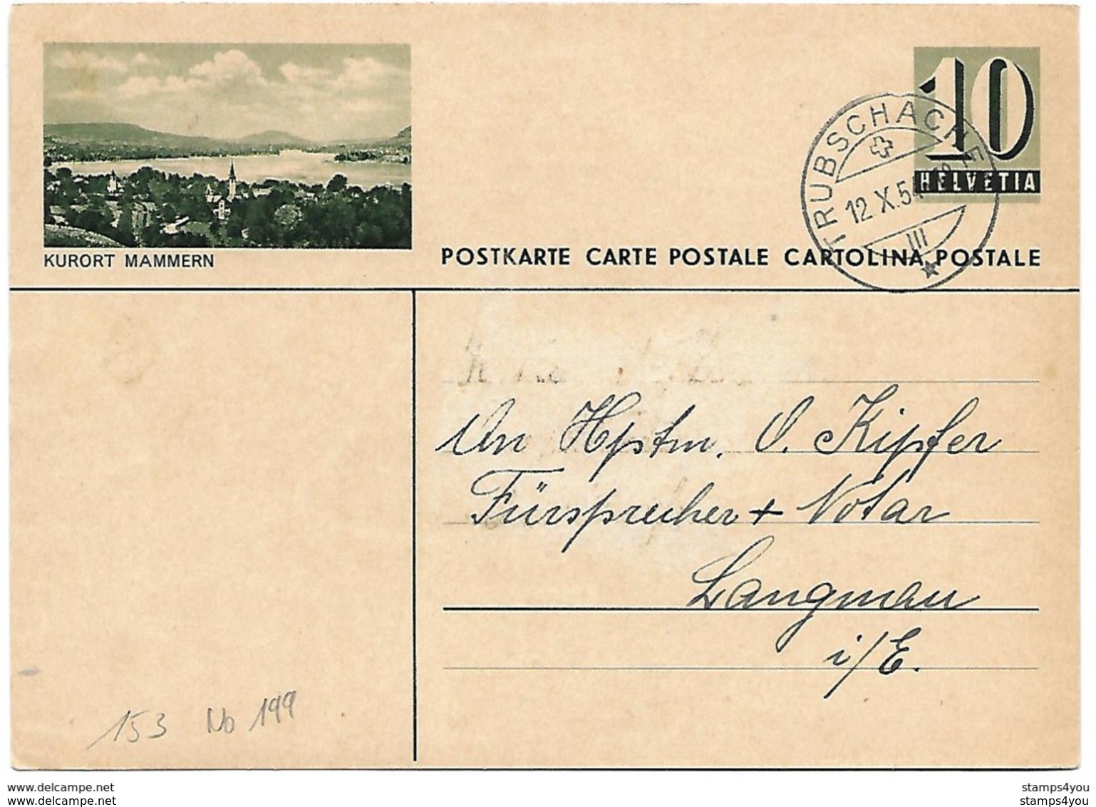 161 - 82 - Entier Postal Avec Illustration "Kurort Mammern" Cachet à Date Trubschachen 1954 - Stamped Stationery