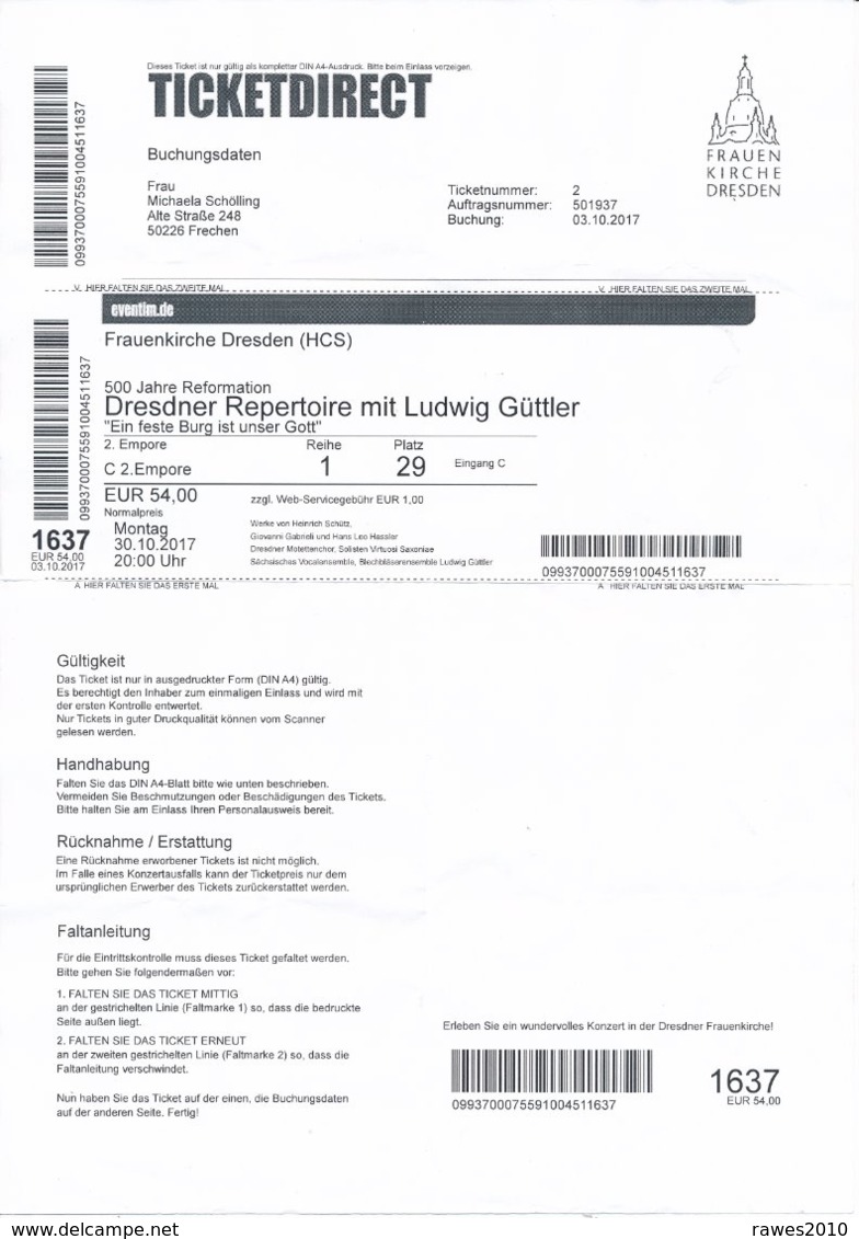 Dresden Ticketdirect Eintrittskarte 2017 Frauenkirche "Dresdener Repertoire Mit Ludwig Güttler" - Eintrittskarten