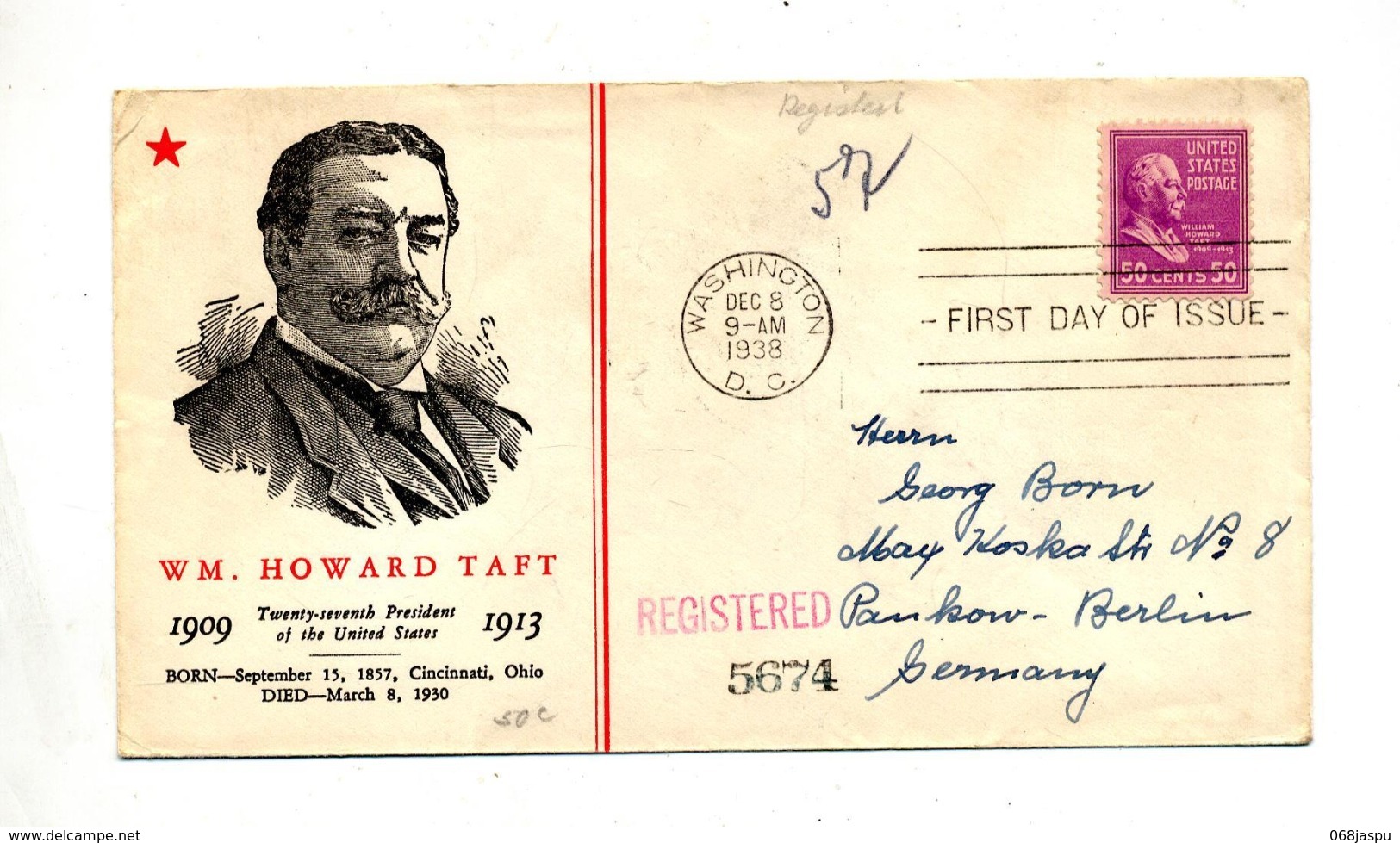 Lettre Recommandée  Fdc 1938 Howard Taft + Washington New York Berlin - 1851-1940