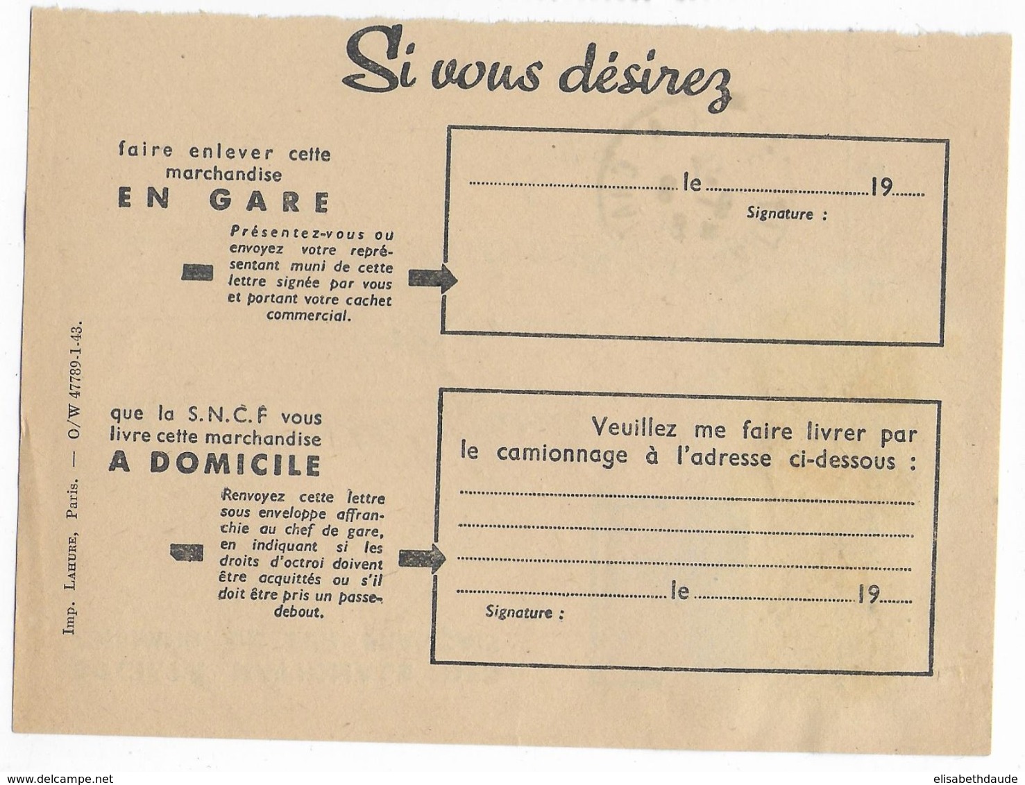 1945 - ARC DE TRIOMPHE + IRIS - RECU SNCF De COLIS POSTAUX De CHATELLERAULT (VIENNE) - 1944-45 Triumphbogen