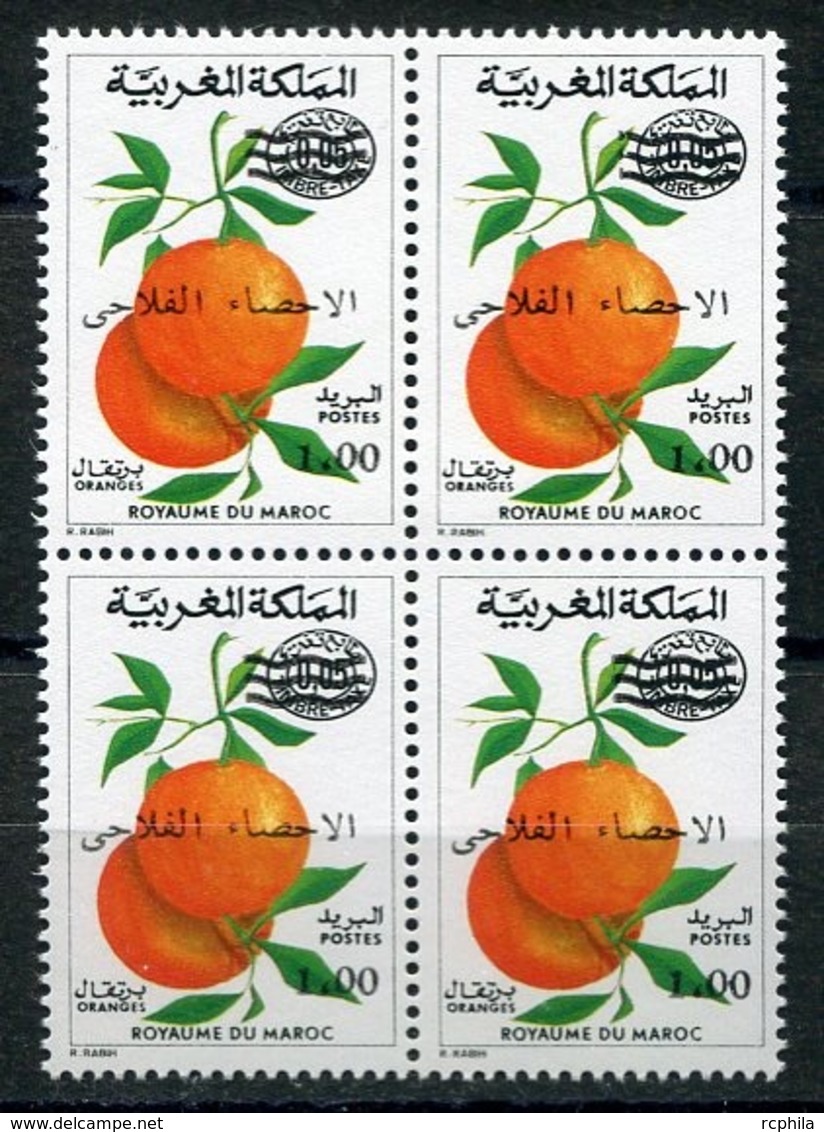 RC 14395 MAROC N° 709 FRUITS LES ORANGES TIMBRE TAXE SURCHARGÉ RECENSEMENT AGRICOLE BLOC DE 4 NEUF ** - Marokko (1956-...)