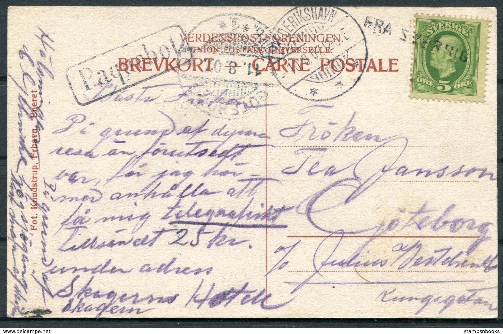 Denmark / Sweden Steamship OLUF BAGER Postcard. Boxed Frederikshavn PAQUEBOT + Goteborg FRA SVERRIG - Briefe U. Dokumente