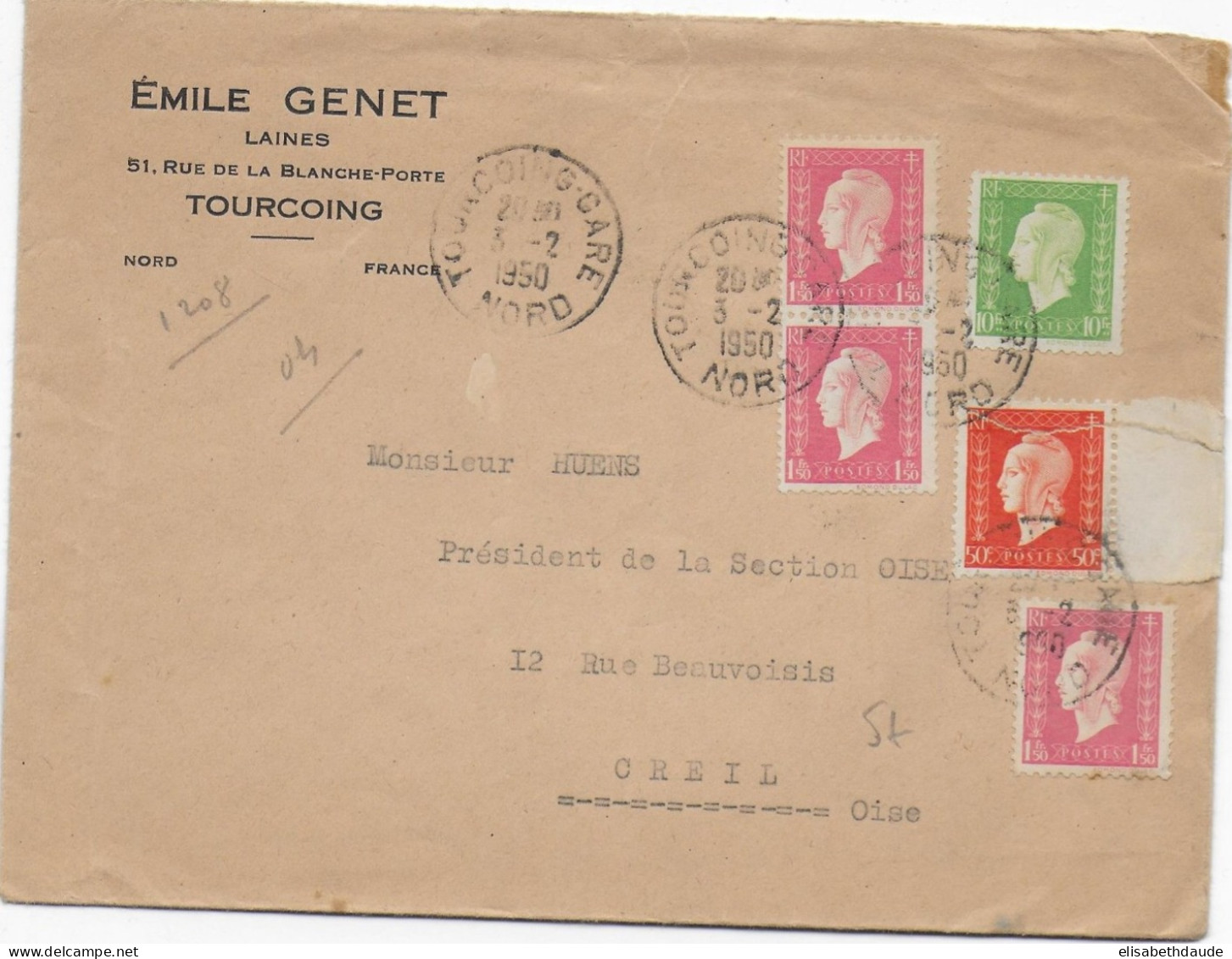 1950 - DULAC - ENVELOPPE De TOURCOING (NORD) => CREIL - 1944-45 Marianne De Dulac