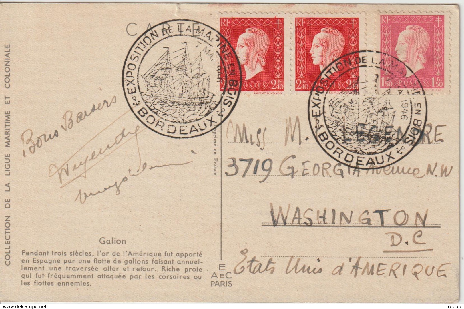 France 1946 Salon De La Marine En Bois Bordeaux. Voyagée Pour Les Etats Unis - Commemorative Postmarks