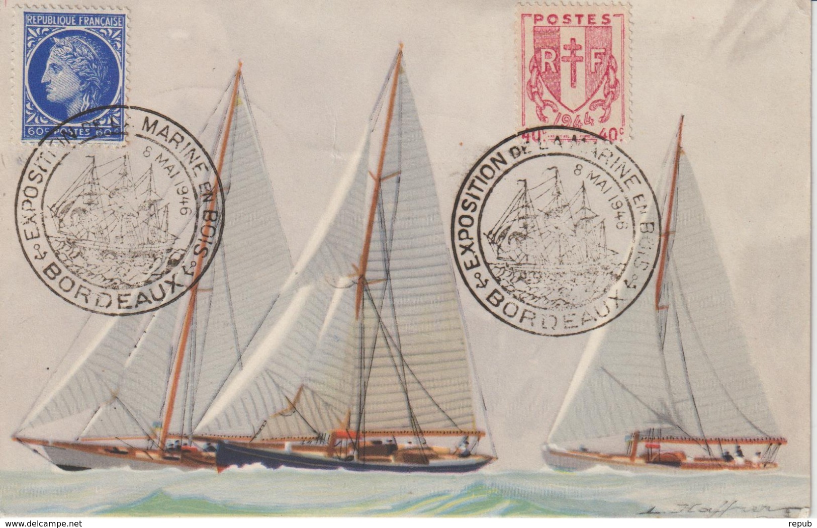 France 1946 Salon De La Marine En Bois Bordeaux. Voyagée Pour Les Etats Unis - Commemorative Postmarks