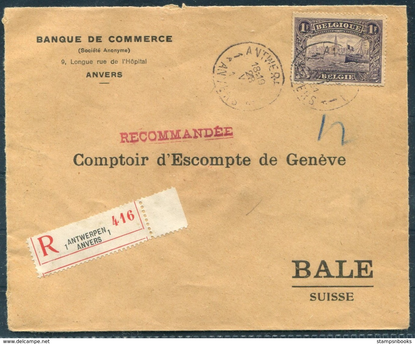 1921 Belgium Banque De Commerce, Antwerpen Registered Cover - Bale, Switzerland - Covers & Documents