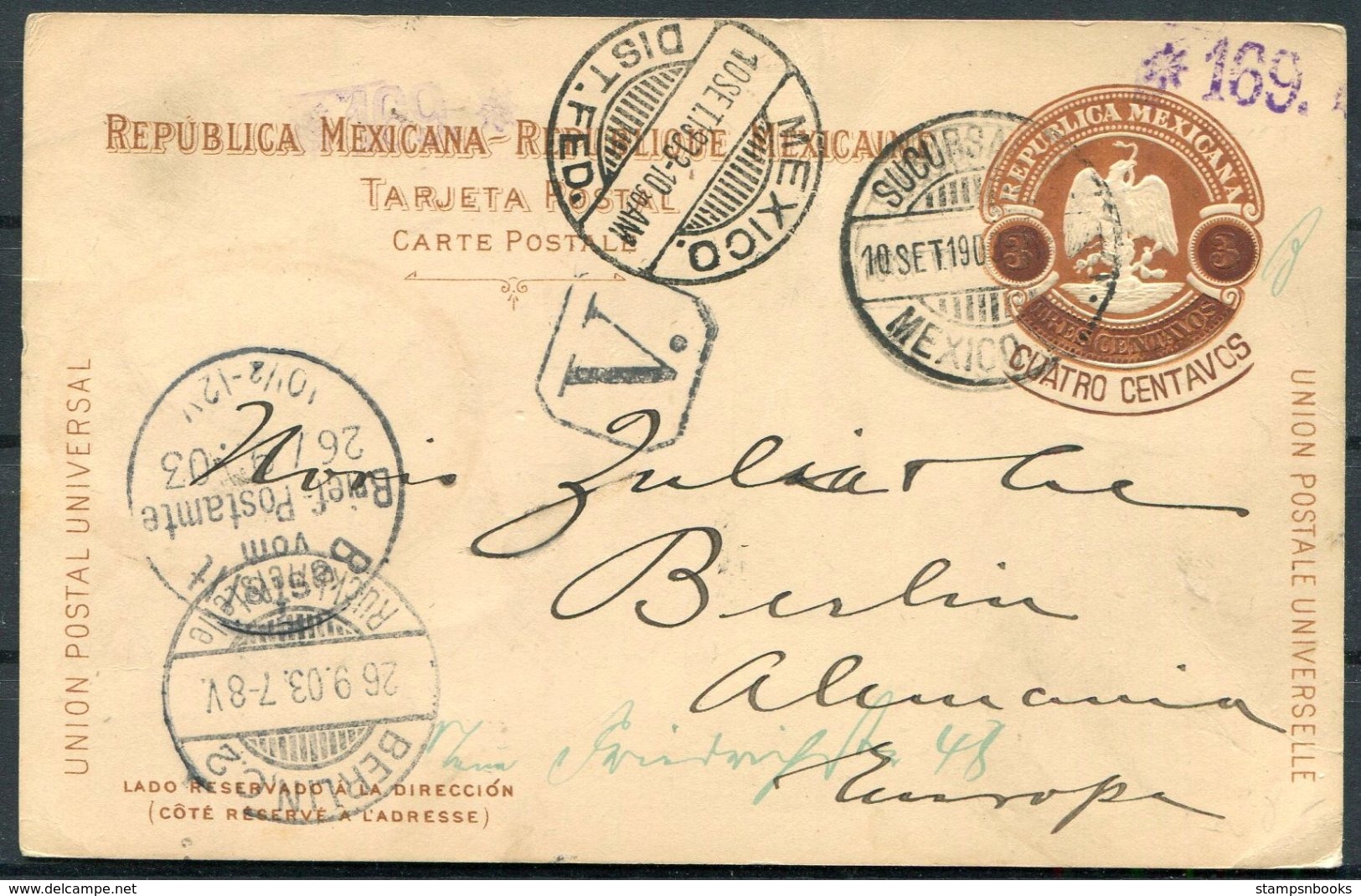 1903 Mexico Stationery Postcard - Berlin Germany - Mexico