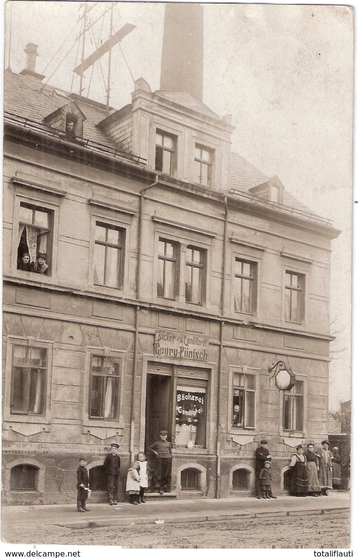 LIMBACH Oberfrohna Bäckerei & Conditorei Georg Pönisch Belebt Original Privat Fotokarte Gelaufen 13.12.1908 Nach Siegmar - Limbach-Oberfrohna