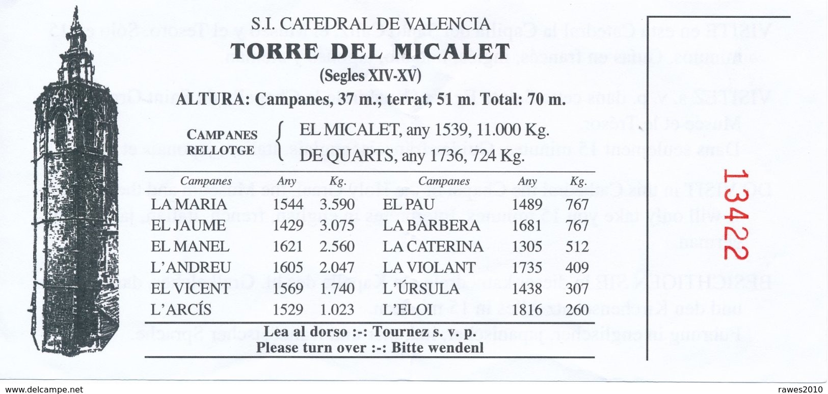 Spanien Valencia Eintrittskarte Kathedrale Torre Del Micalet - Eintrittskarten