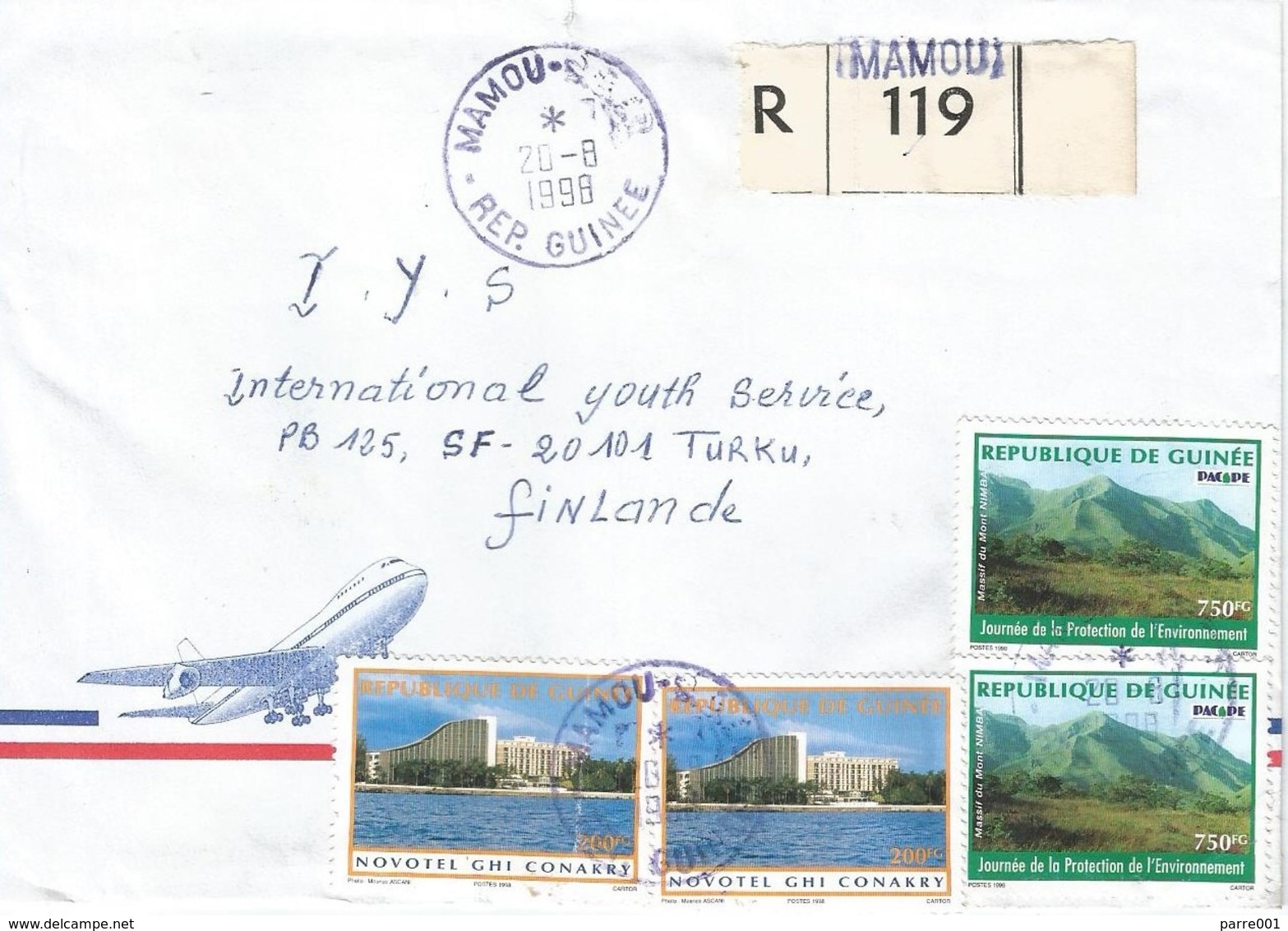 Guinee Guinea 1998 Mamou Hotel Novotel Michel 2111 Nimba Mountains Michel 2212 Registered Cover - Guinea (1958-...)