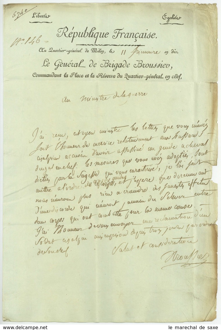 General BROUSSIER (1766-1814) Lettre Militaire Milano Hussards Cisalpins Guides A Cheval Du General En Chef Franchise - Sellos De La Armada (antes De 1900)