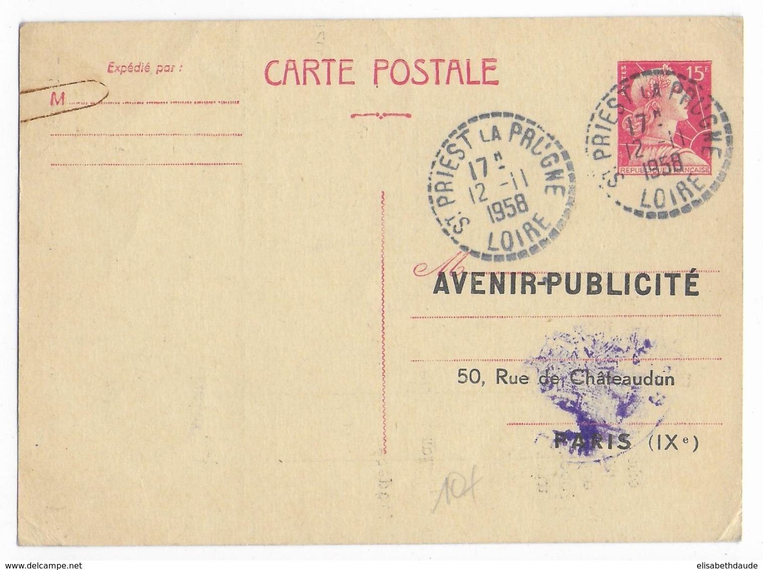 1958 - CARTE ENTIER TYPE MULLER Avec REPIQUAGE AVENIR PUBLICITE - 135X98 Mm De ST ST PRIEST LA PRUGNE (LOIRE) - Postales  Transplantadas (antes 1995)