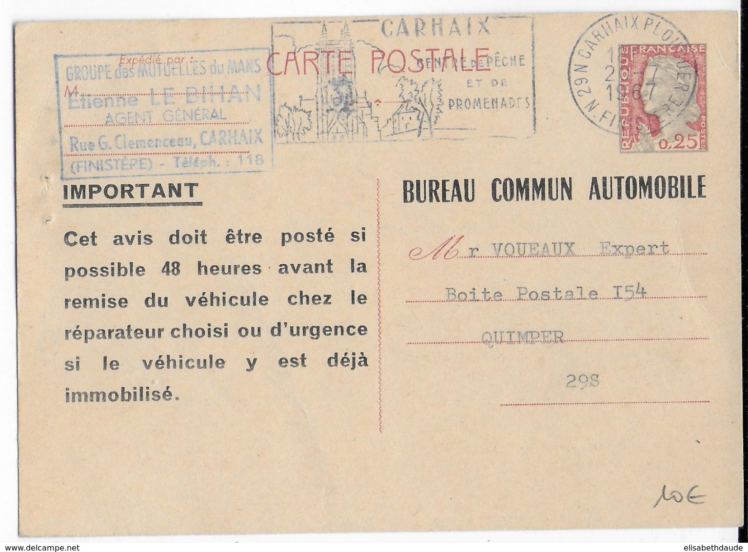 1967 - CARTE ENTIER  BUREAU COMMUN AUTOMOBILE TYPE DECARIS De CARHAIX (FINISTERE) - Cartes Postales Types Et TSC (avant 1995)