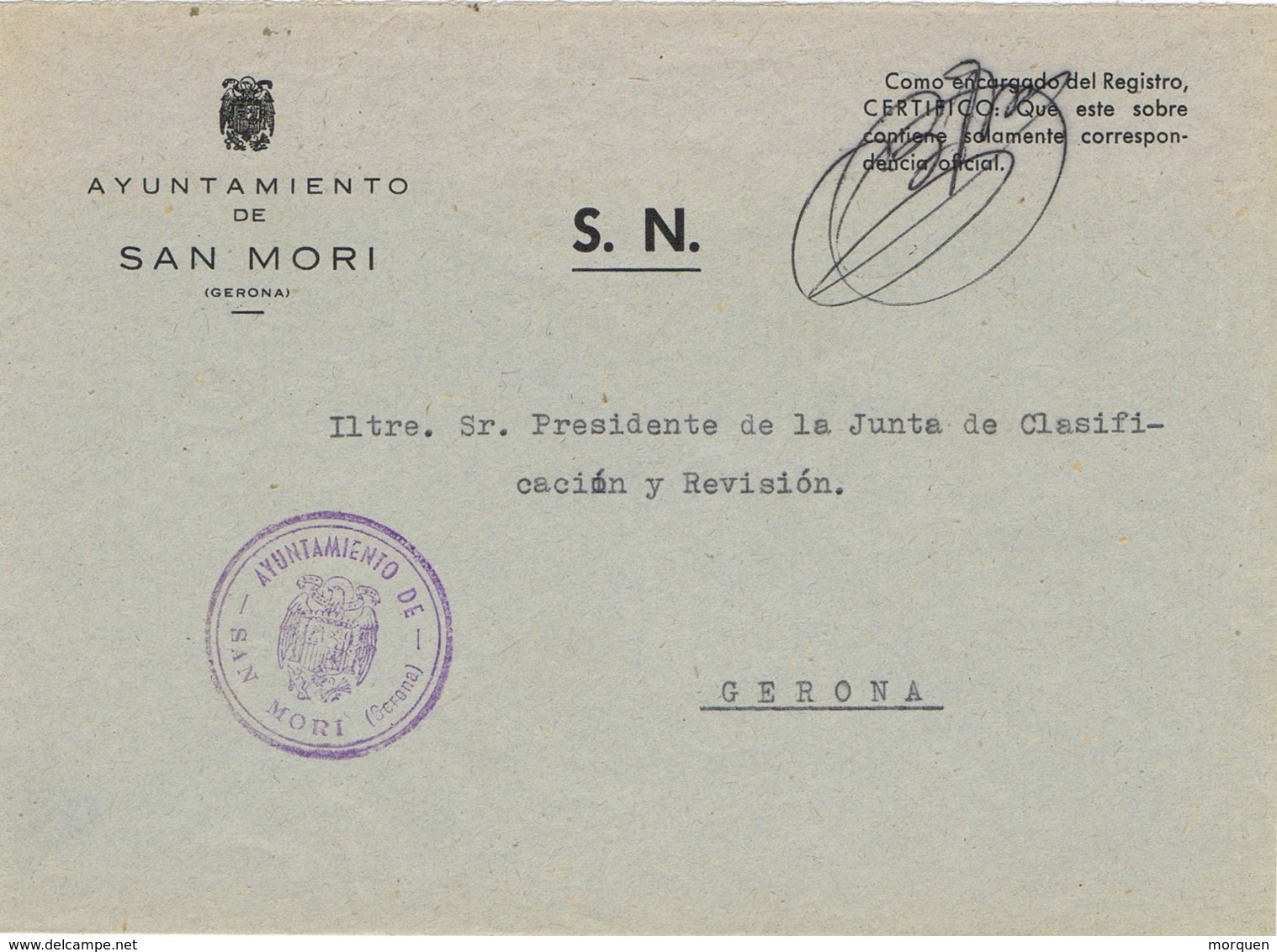 34519. Carta S.N. Franquicia Ayuntamiento SAN MORI (Gerona) 1959. Marca Circular Alcaldia - Cartas & Documentos