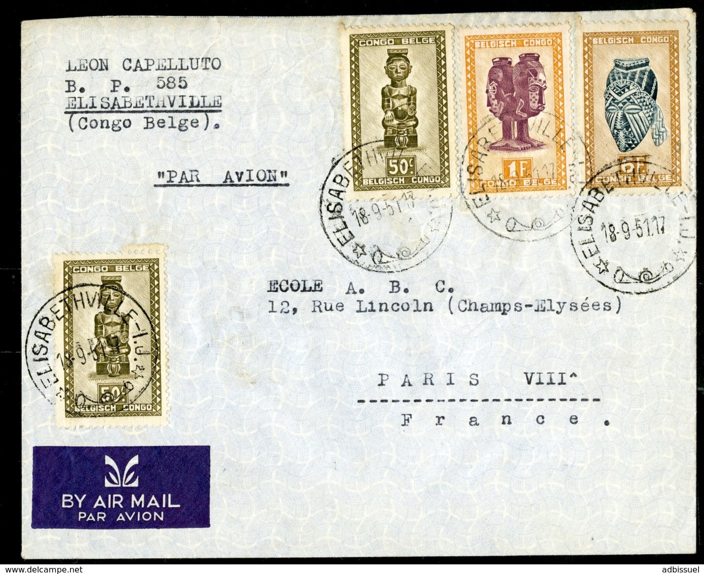 CONGO BELGE "ELISABETHVILLE I.J. 18/9/51" Sur N° 282 (x2) + 285 + 291. Sur Enveloppe Par Avion Pour La France. - Lettres & Documents