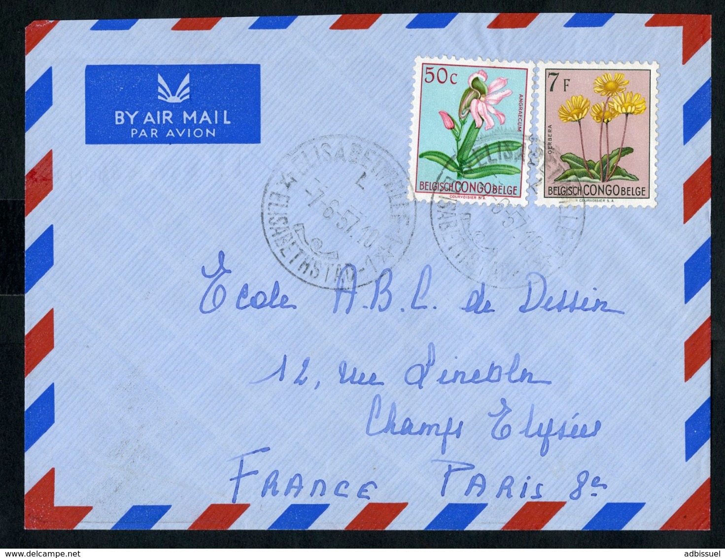CONGO BELGE "ELISABETHVILLE I - L. 7/6/57" Sur N° 307 + 318. Sur Enveloppe Par Avion Pour La France. - Covers & Documents
