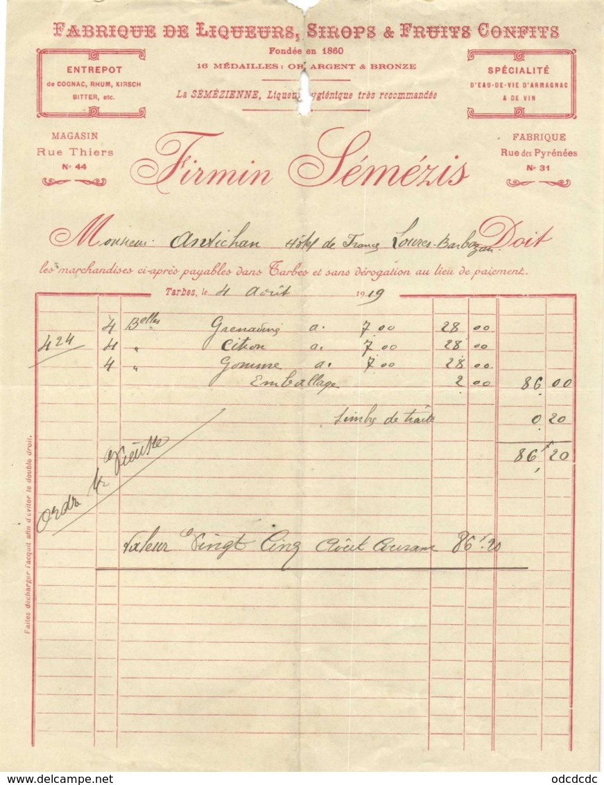 Tarbes Fabrique De Liqueurs ,Sirops & Fruits Confits Fiemin Séméris 4 Aout 1919 Magasin Rue Thiers 44 Fabrique Rue Des P - Sonstige & Ohne Zuordnung