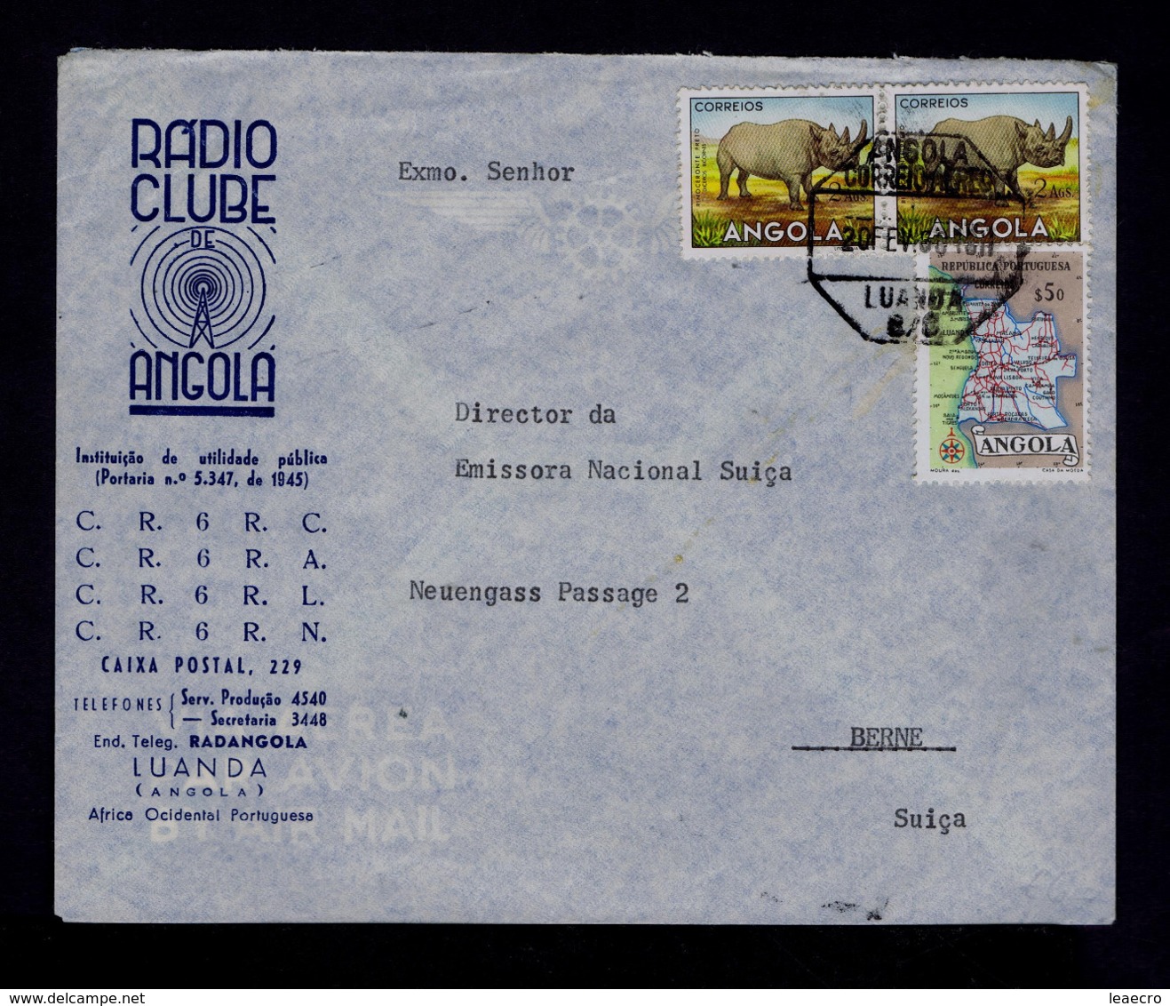 Angola (Rádio Club Publicitary Cover) 1960 Rhinoceros 2x Faune Animals Portugal Culture Gc4384 - Rhinoceros