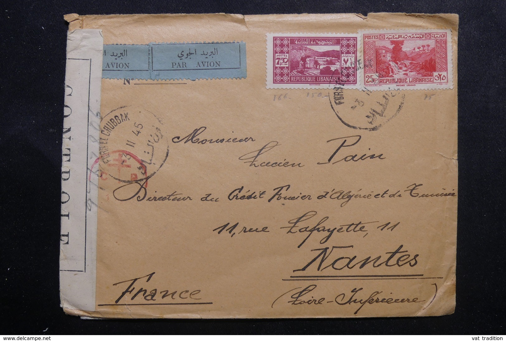 LIBAN - Enveloppe De Furn El Chuubak Pour Nantes En 1945 Par Avion Avec Contrôle Postal - L 46137 - Lettres & Documents