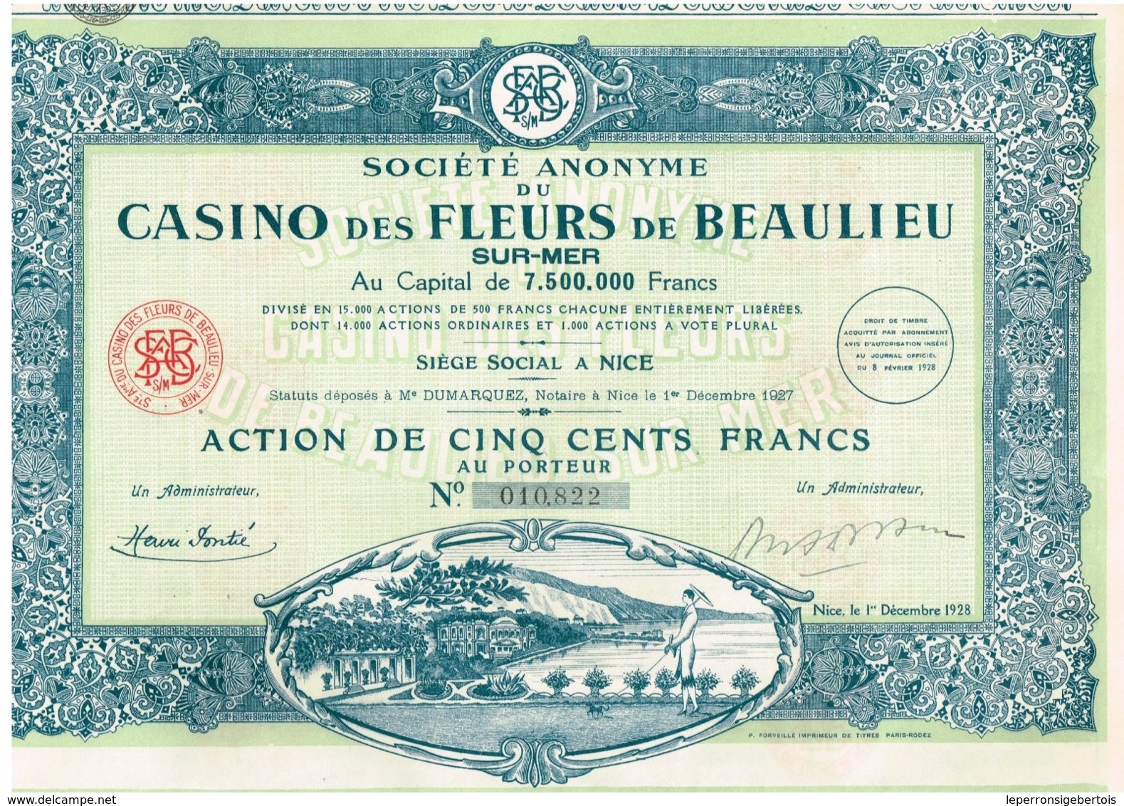 Action Ancienne - Société Anonyme Du Casino Des Fleurs De Beaulieu-sur-Mer -Titre De 1928 - Déco - - Casino