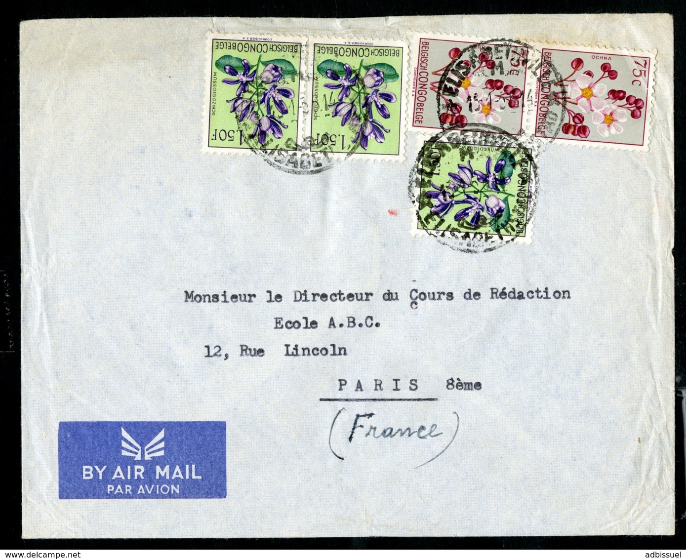 CONGO BELGE "ELISABETHVILLE M 15/1/57" Sur N° 309 (x2) + 312 (x3). Sur Enveloppe Par Avion Pour La France. - Lettres & Documents