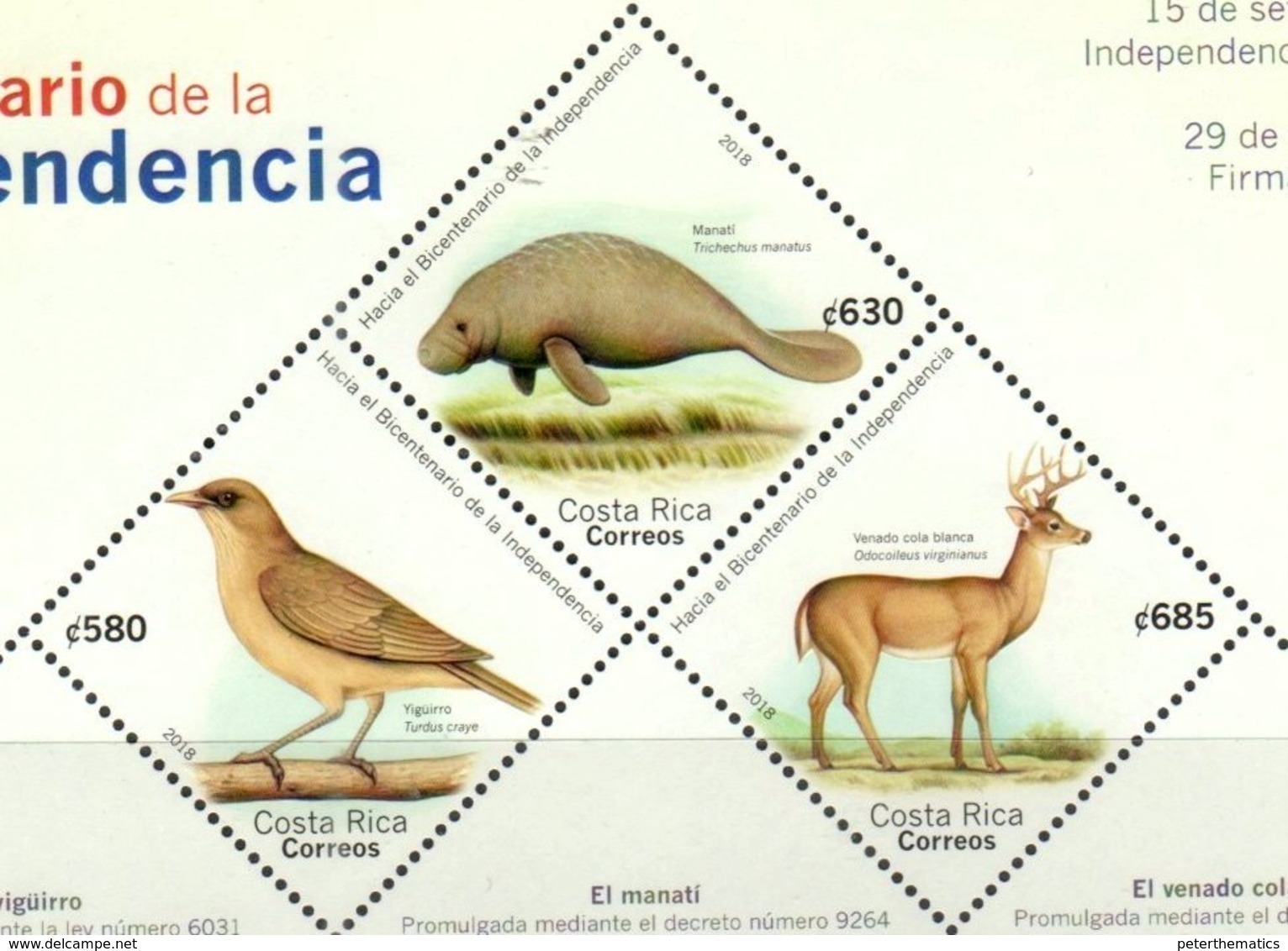 COSTA RICA, 2018, MNH, TOWARDS THE BICENTENARY OF INDEPENDENCE, BIRDS, MANATEES, MARINE LIFE, DEER, 3v Ex. SHEETLET - Other & Unclassified