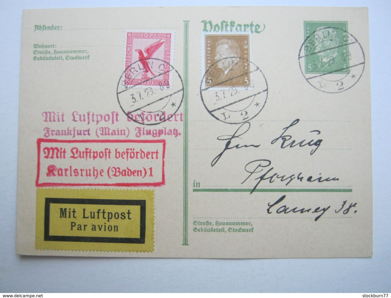 FLUGPOST ,Karte Nach Karlsruhe Via Frankfurt Aus Berlin   Mit Rotem Bestätigungsstempel 1929 - Briefe U. Dokumente