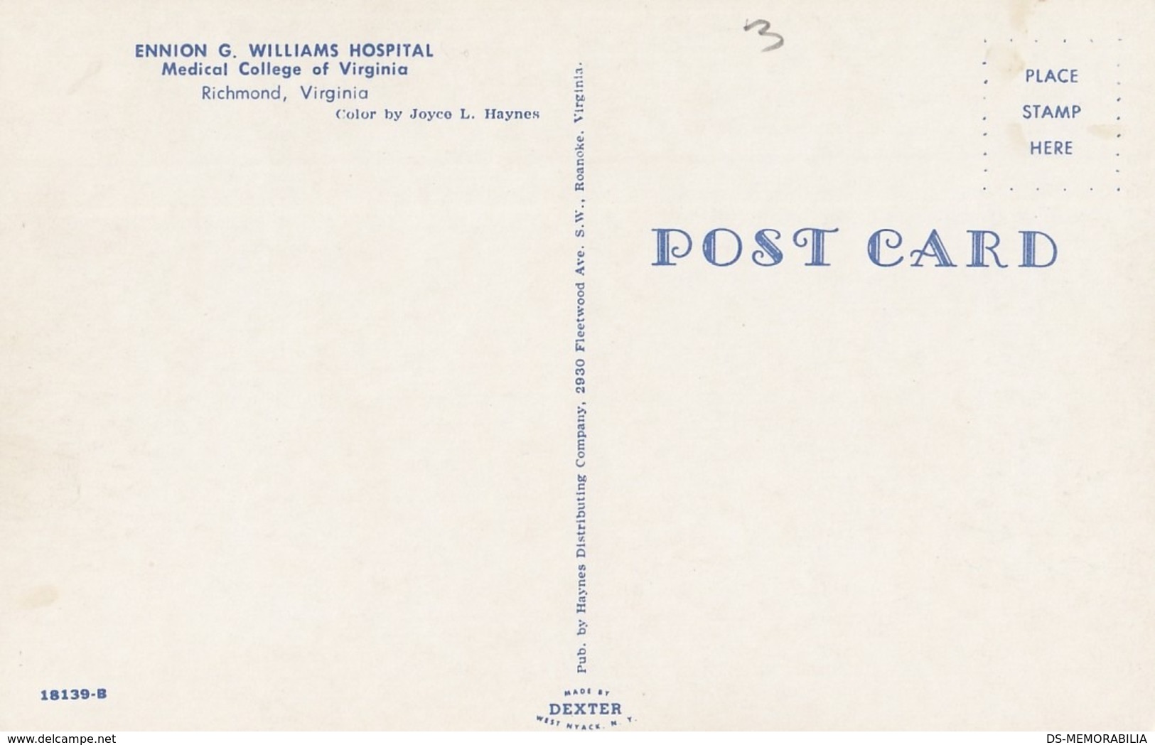 Richmond VA - Ennion G.Williams Hospital , Medical College Postcard - Richmond