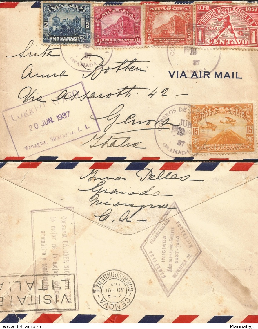 J) 1937 NICARAGUA, OLIMPIC SEAL, BASEBALL, BANKNOTE, MOMOTOMBO, MULTIPLE STAMPS, AIRMAIL, CIRCULATED COVER, FROM NICARAG - Nicaragua