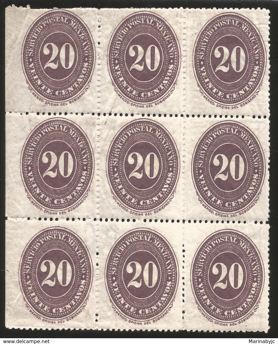 J) 1890 MEXICO, 20 CENTS DARK, VIOLET LARGEST, BLOCK OF 9 MNH - Mexico