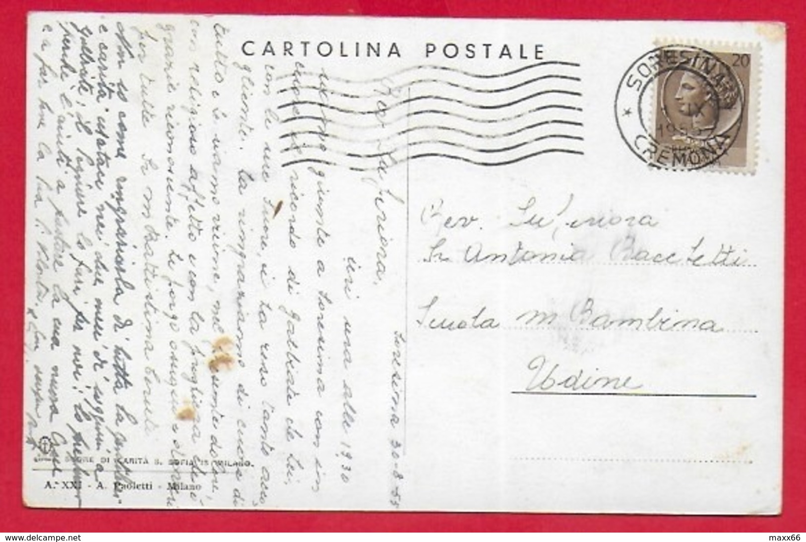 CARTOLINA VG ITALIA - S. MARIA BAMBINA - Suore Di Carità MILANO - 9 X 14 - 1955 SORESINA - Vergine Maria E Madonne