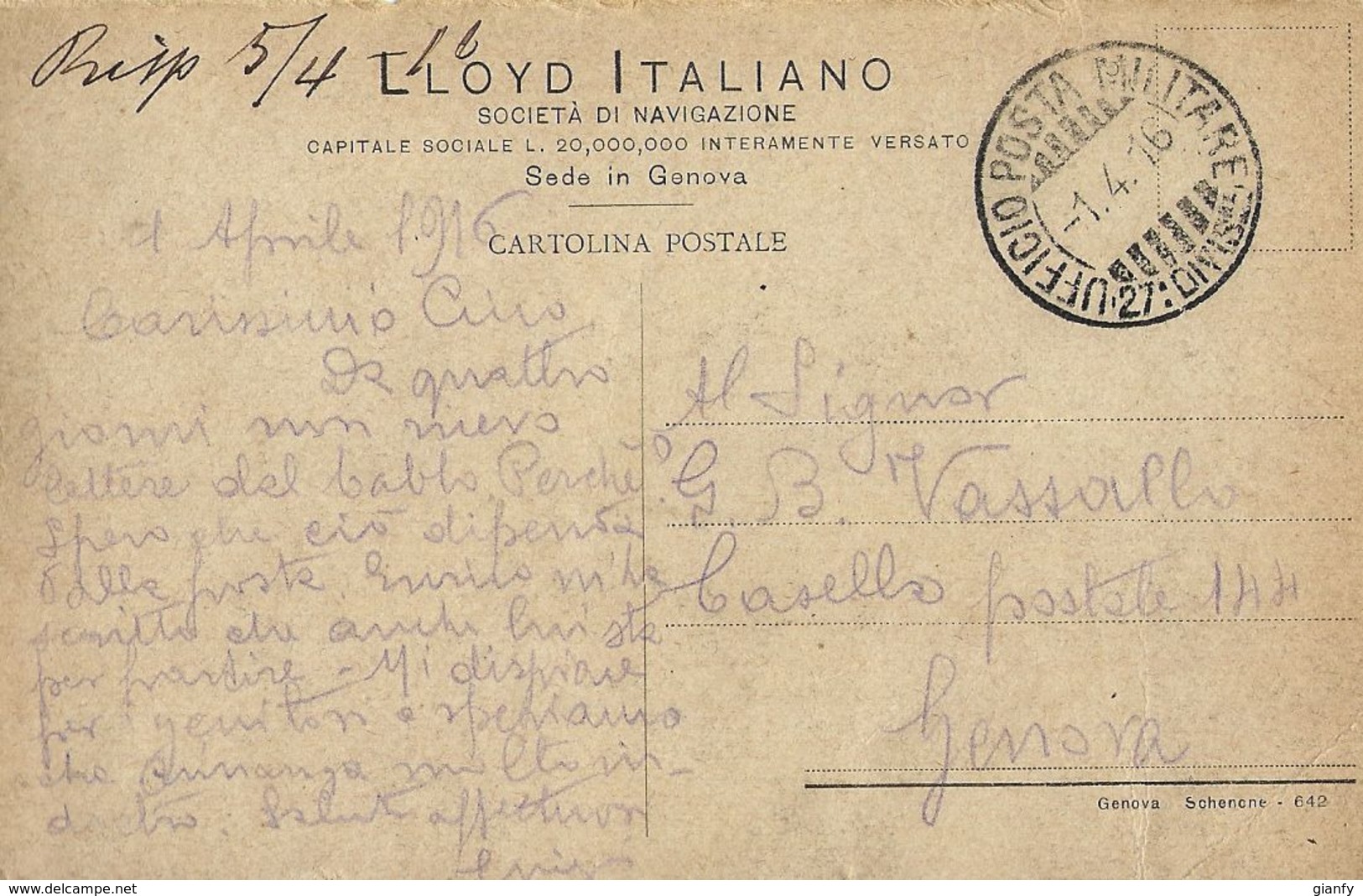 MARINA LLOYD ITALIANO PIROSCAFO CASERTA 1916 POSTA MILITARE 27 DIVISION X GENOVA - Paquebote