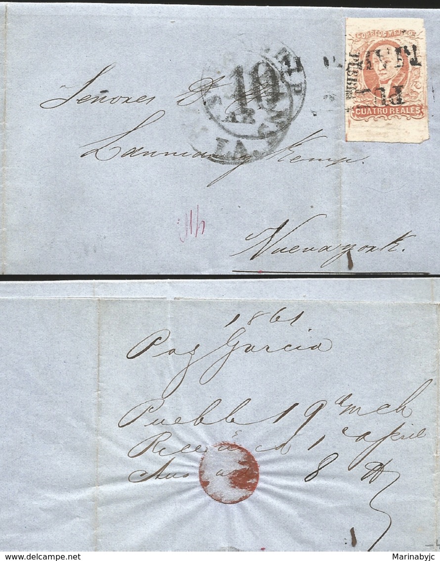 J) 1861 MEXICO, 4 REALES RED, JUMBO MARGINS, CIRCULATED COVER, FROM PUEBLA TO NEW YORK - Mexico