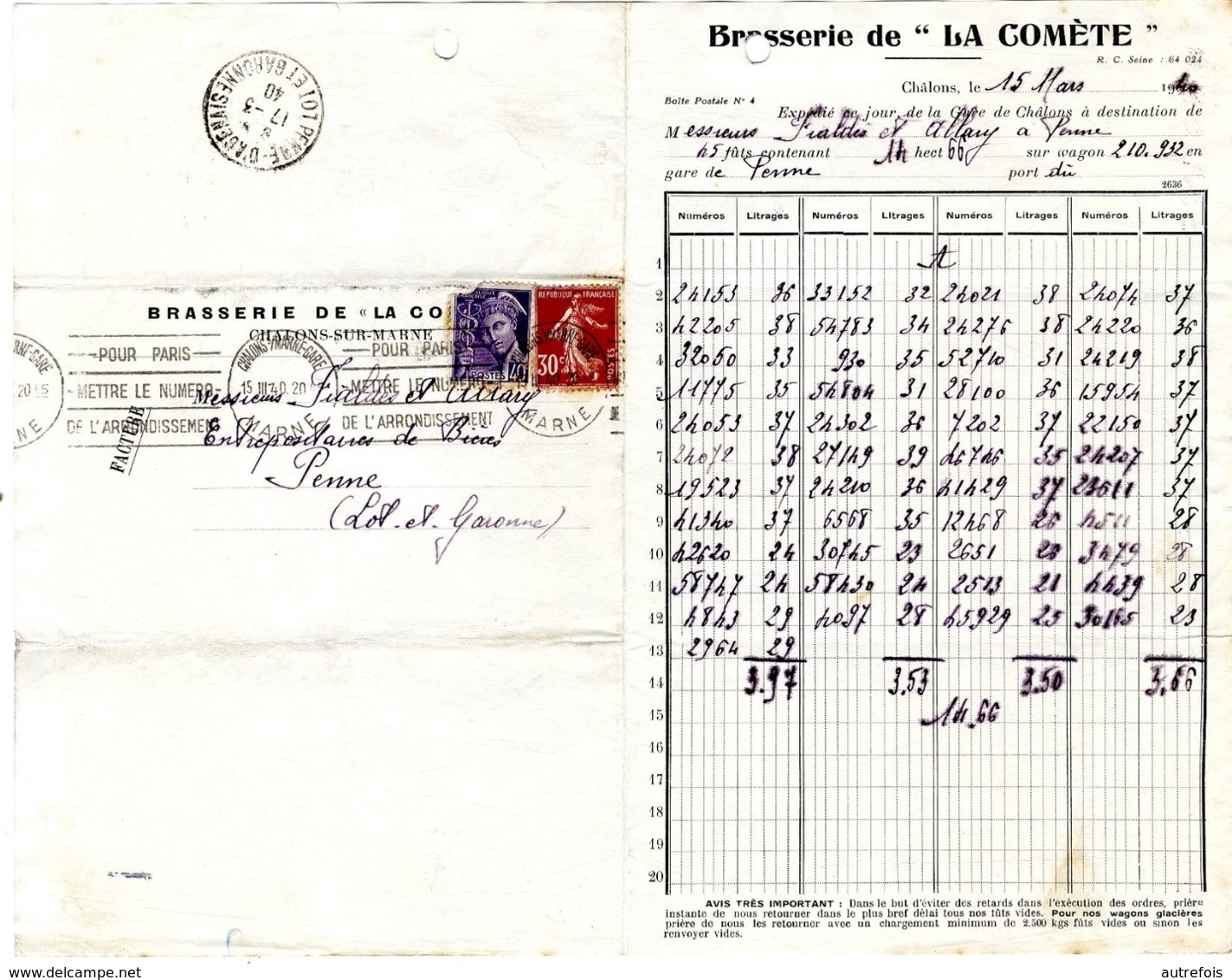 51  CHALONS SUR MARNE  BRASSERIE DE LA COMETE    FACTURE 1940 AVEC CORRESPONDANCE POUR PENNE - Alimentaire