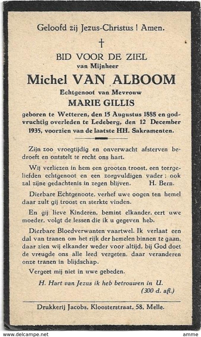 Doodsprentje *  Van Alboom Michel (° Wetteren 1888 / + Ledeberg 1935) X Gillis Marie - Religion & Esotérisme