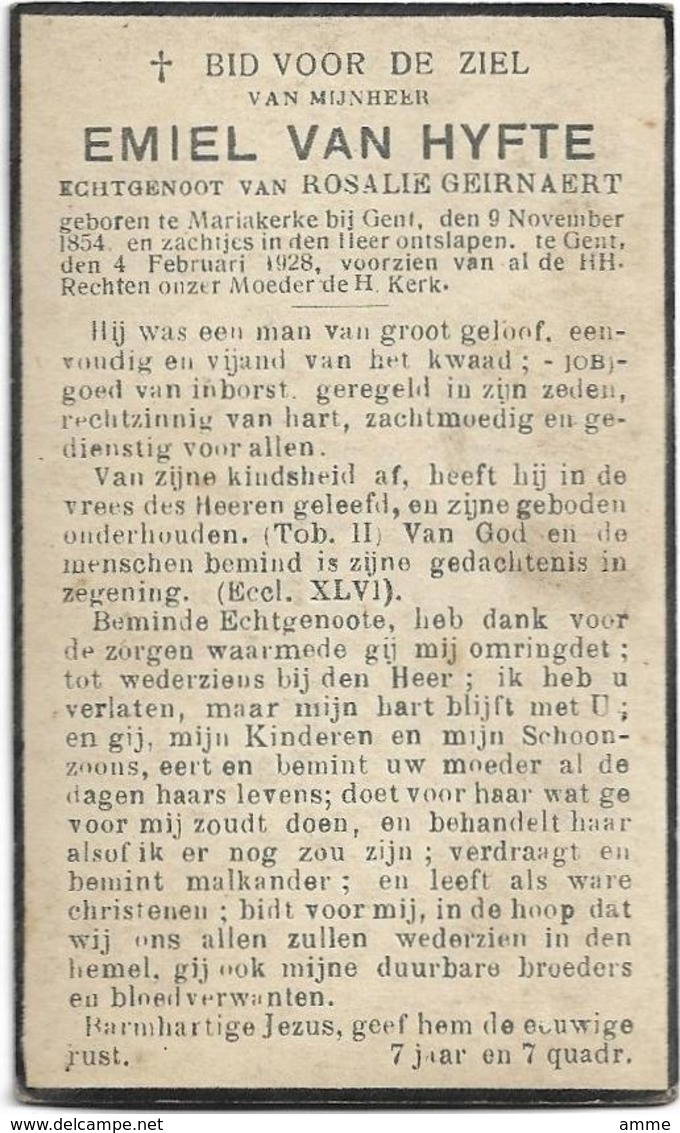 Doodsprentje  *  Van Hyfte Emiel (° Mariakerke - Gent 1854 / + Gent 1928)  X Geirnaert Rosalie - Religion & Esotérisme