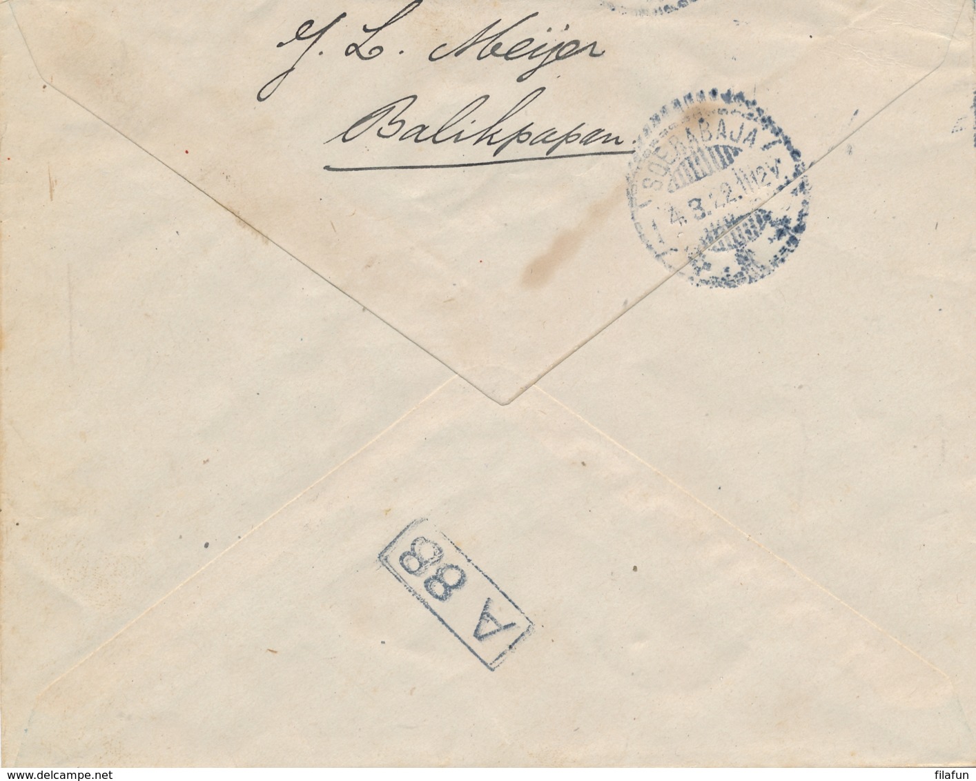 Nederlands Indië - 1922 - 12,5 Cent Wilhelmina, Envelop G43 Van LB BALIK/PAPAN Naar Soerabaja - India Holandeses