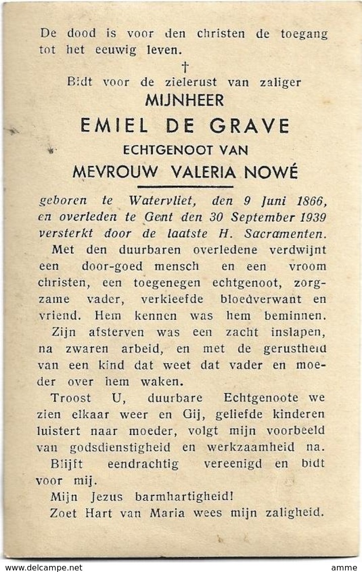 Doodsprentje  *  De Grave Emiel (° Watervliet 1866 / + Gent 1939)  X Nowé Valeria - Religion & Esotérisme