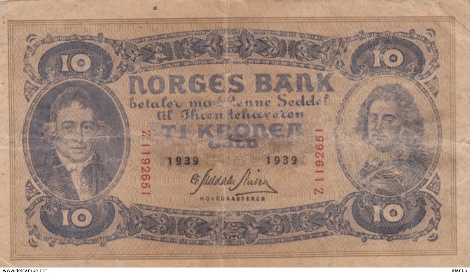 Norway #8c 10 Kroner 1939 Banknote Money Currency - Norvegia