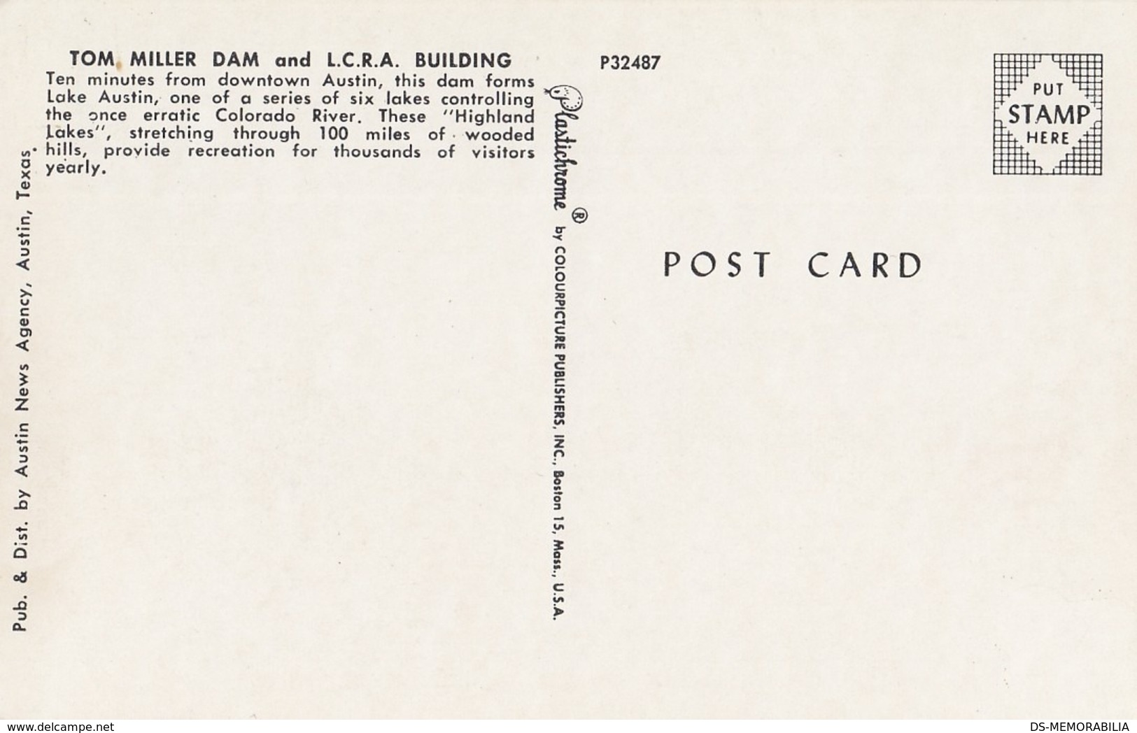 AUSTIN TX - TOM MILLER DAM & L.C.R.A BUILDING POSTCARD - Austin