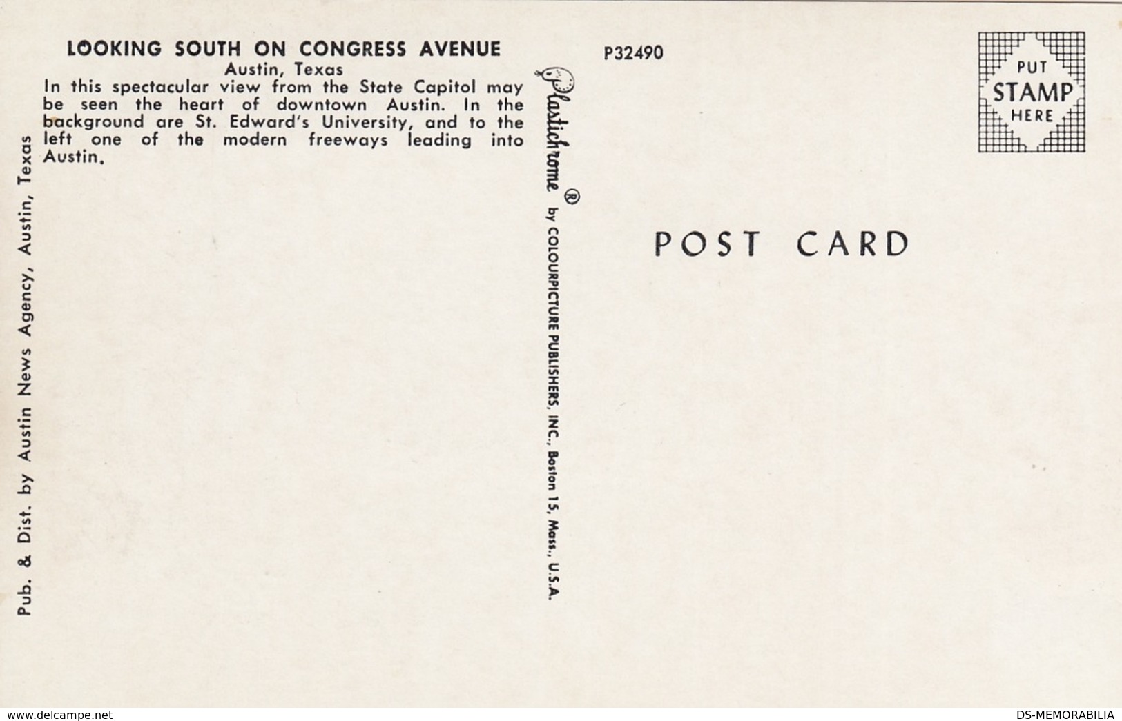 AUSTIN TX - LOOKING SOUTH ON CONGRESS AVENUE US FLAG POSTCARD - Austin