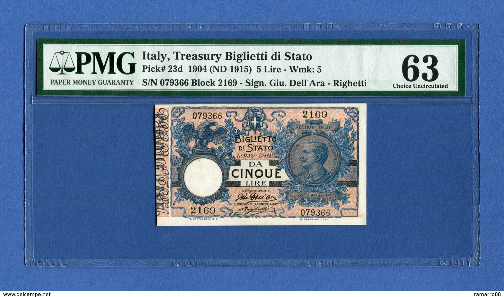 Italy - 5 Lire Vittorio Emanuele III 1904 (ND 1915) Pick # 23d PMG 63 Choice Uncirculated - Italië– 5 Lire