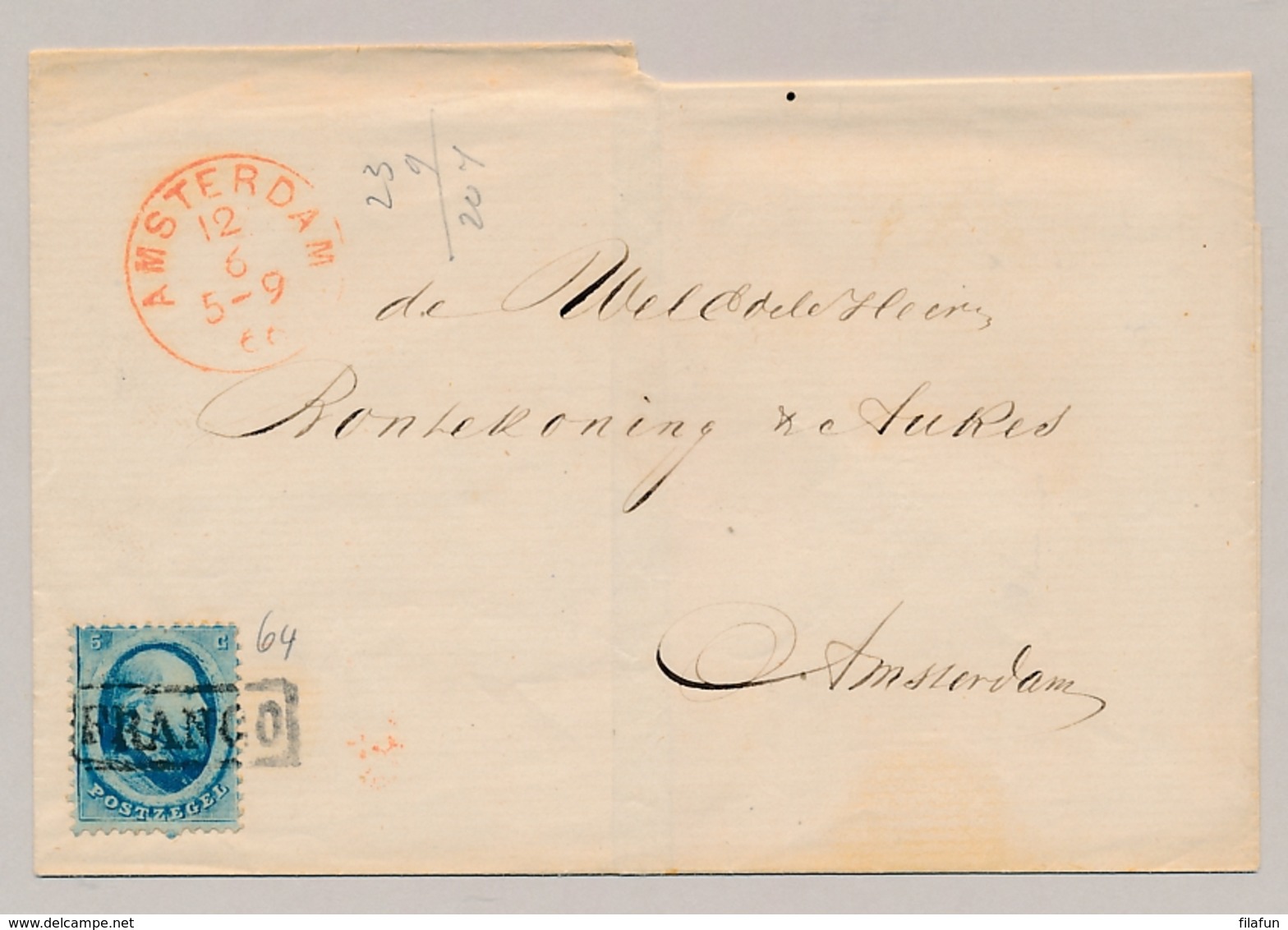 Nederland - 1866 - 5 Cent Willem III, 2e Emissie Op Omslag Lokaal Gebruikt Amsterdam - Brieven En Documenten