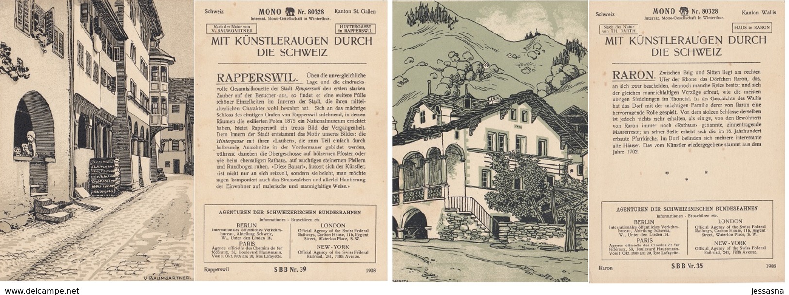 21 MONO-KARTEN - Lithografien auf Halbkarton - historische Architektur aus der Schweiz 1908