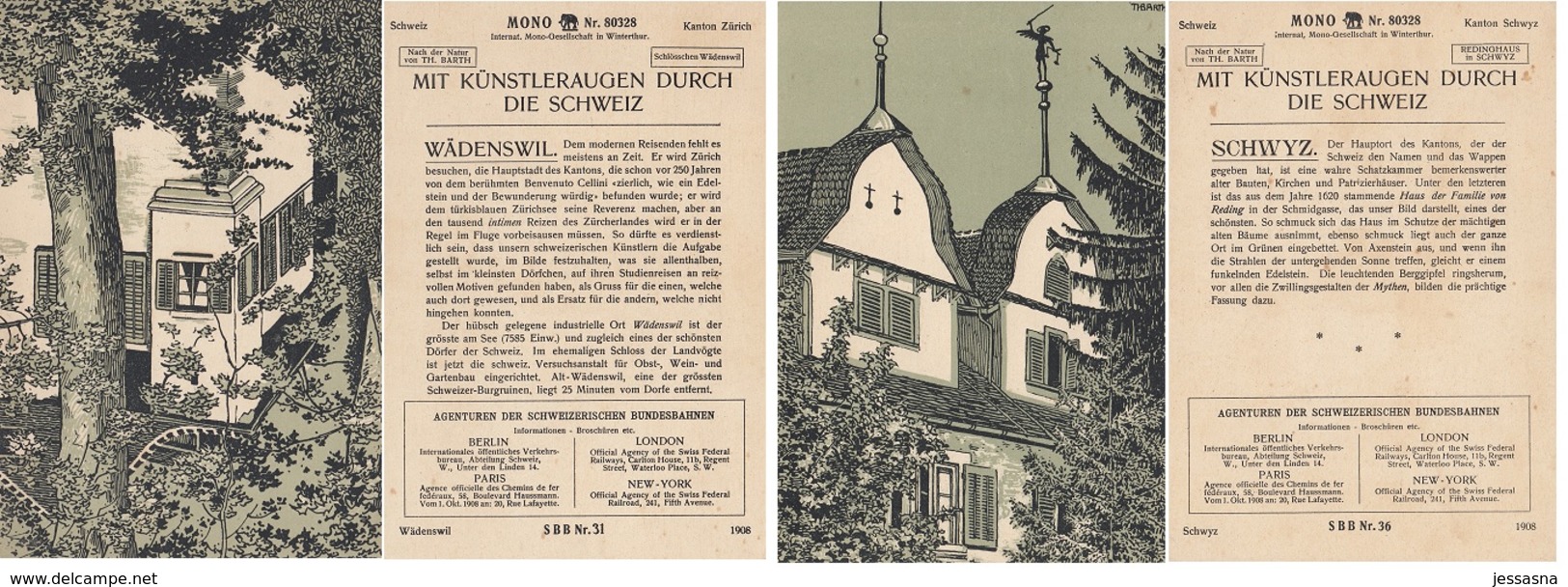 21 MONO-KARTEN - Lithografien auf Halbkarton - historische Architektur aus der Schweiz 1908