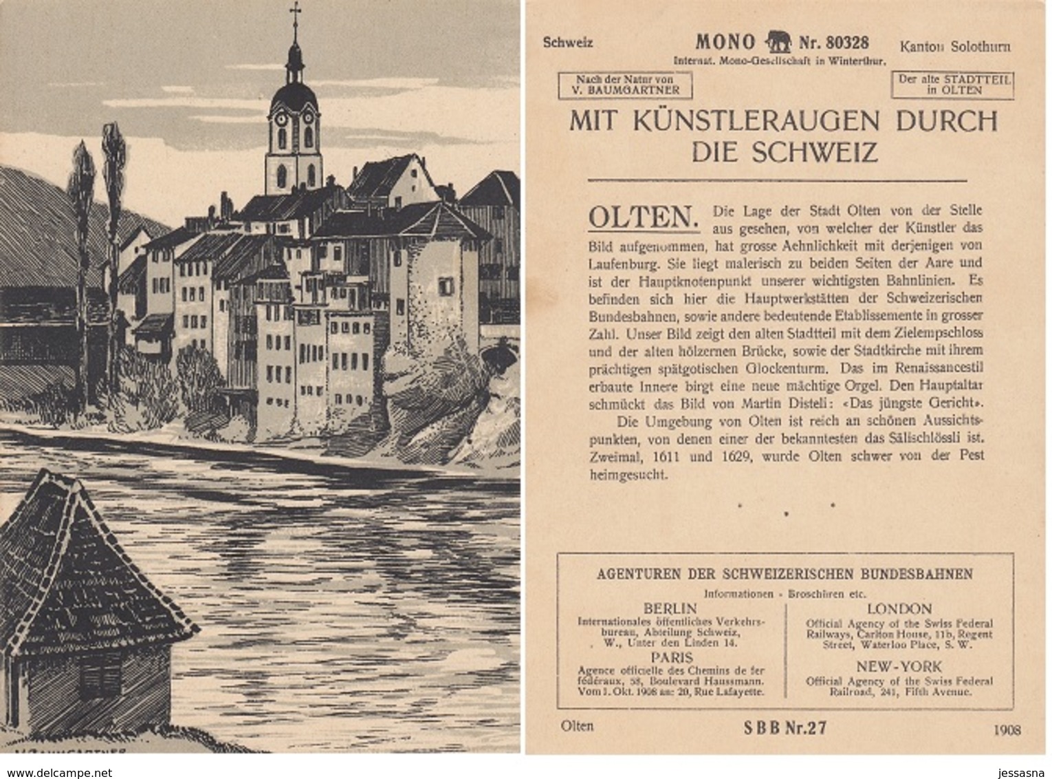 21 MONO-KARTEN - Lithografien auf Halbkarton - historische Architektur aus der Schweiz 1908