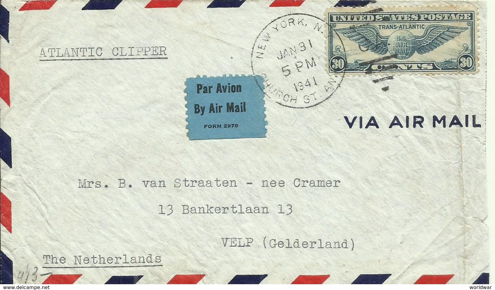 1941  Censored Air Mail Letter From New York To Velp, Holland   Atlantic Clipper - 2c. 1941-1960 Covers